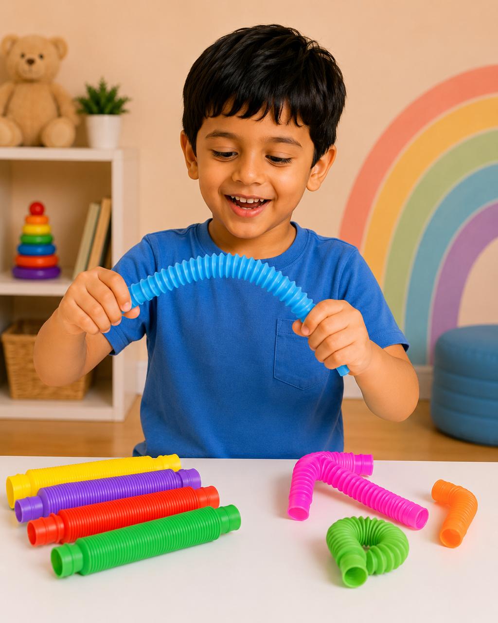 A smiling child stretching a blue Pop Tube with rainbow tubes on the table