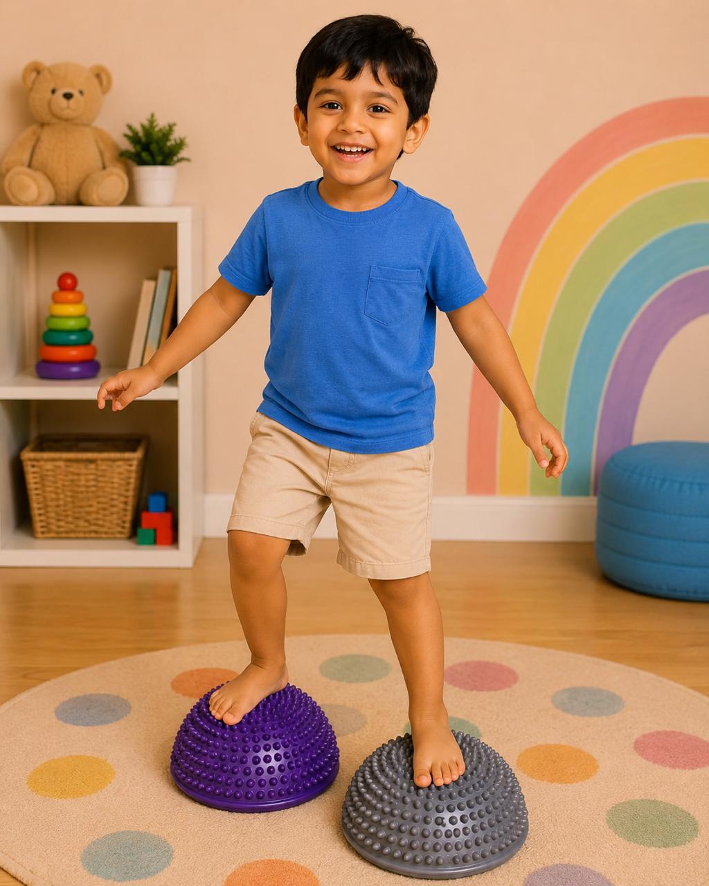 A smiling child balancing across purple and grey Wobble Islands balance pods